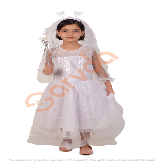 Fairy / Pari Frock dress with wings, hairband, fairy stick - White