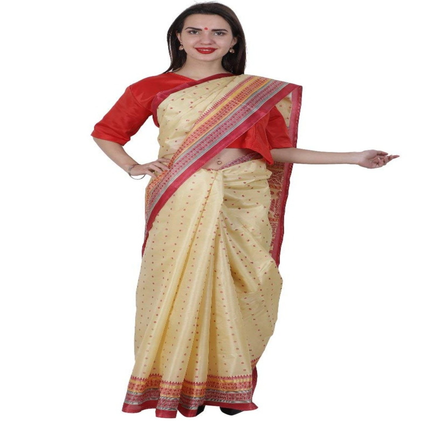 Assam Bihu Saree 5 mtr length with red blouse piece- Silk