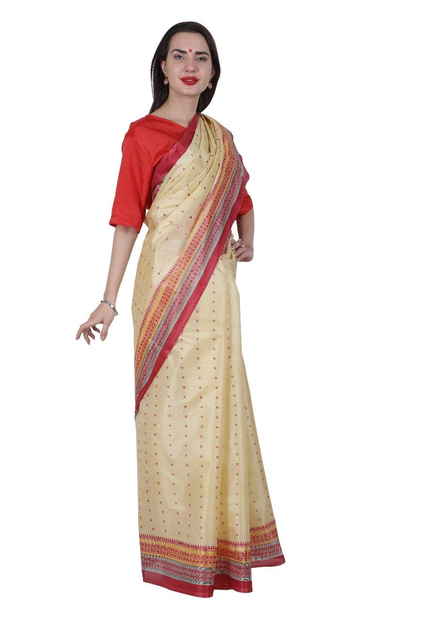 Assam Bihu Saree 5 mtr length with red blouse piece- Silk