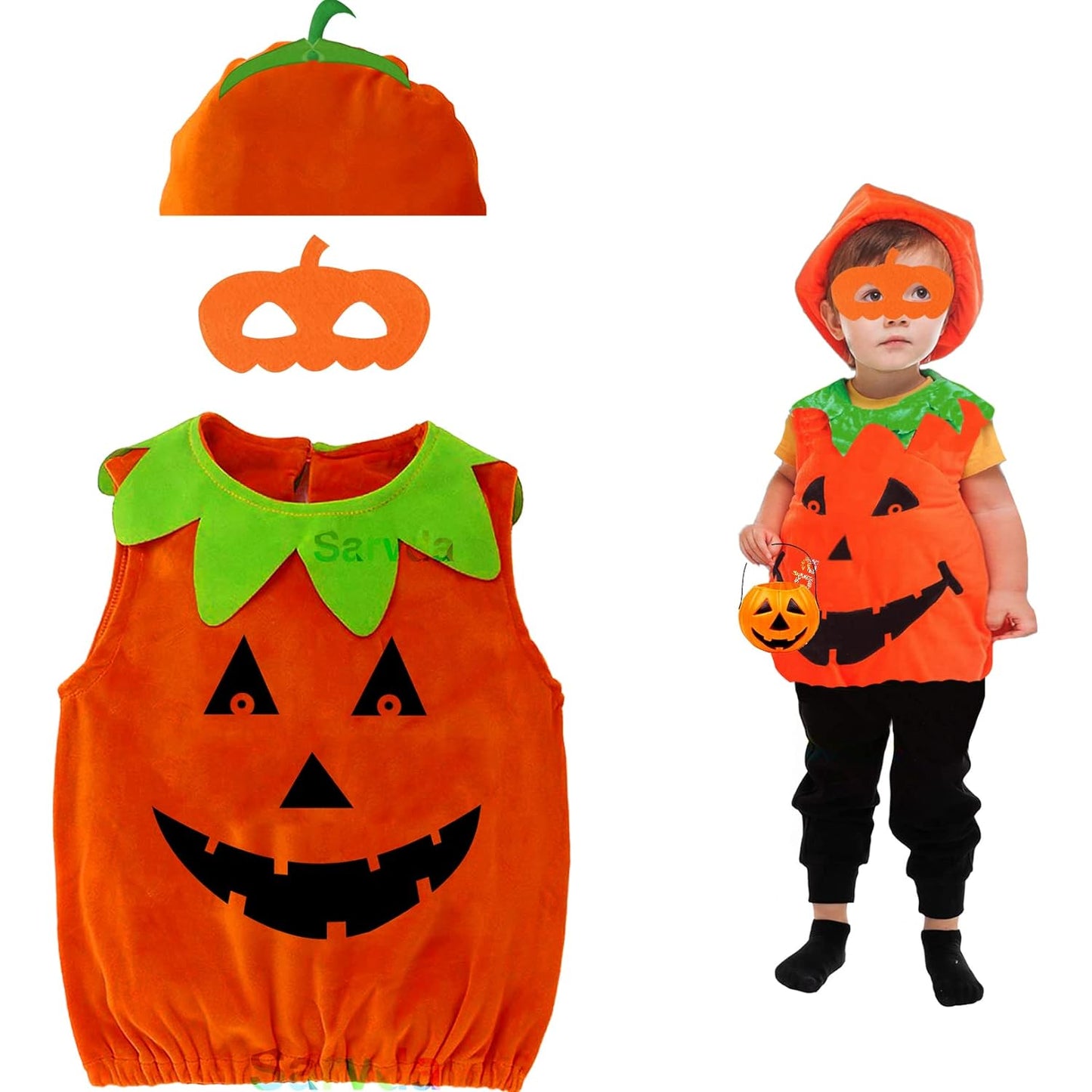 Halloween Pumpkin Costume with cap  for kids - Velvet fabric