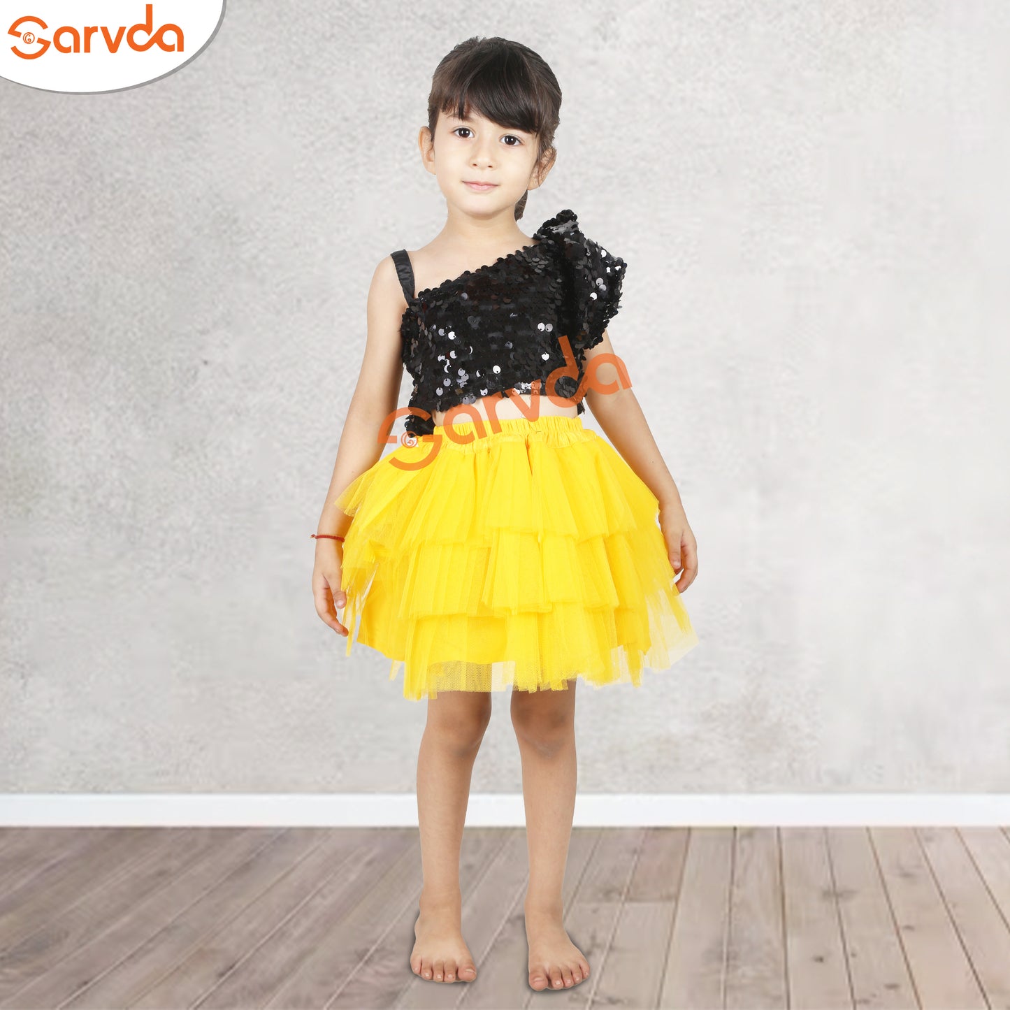 Black Top with Yellow Skirt Set for Girls