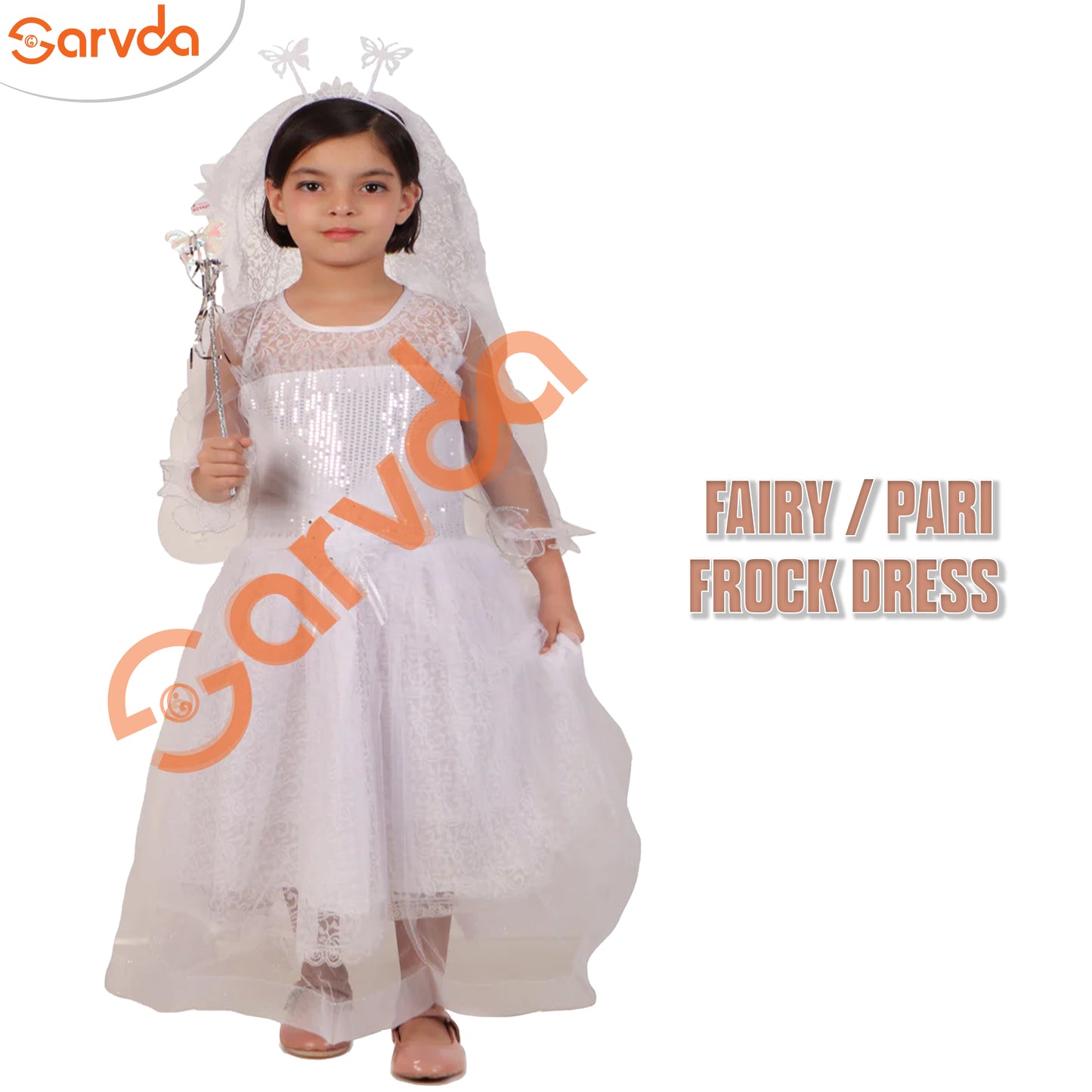 Fairy / Pari Frock dress with wings, hairband, fairy stick - White