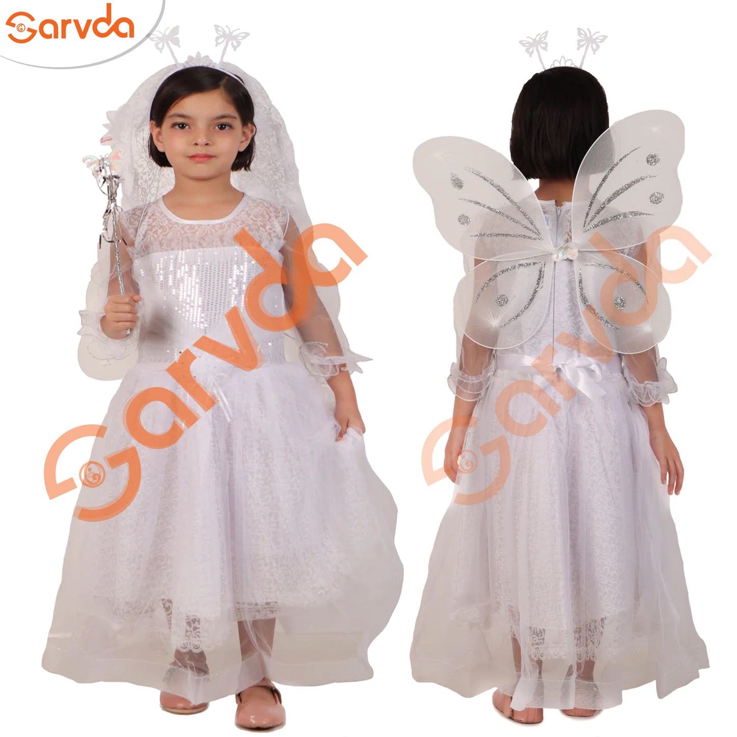 Fairy / Pari Frock dress with wings, hairband, fairy stick - White