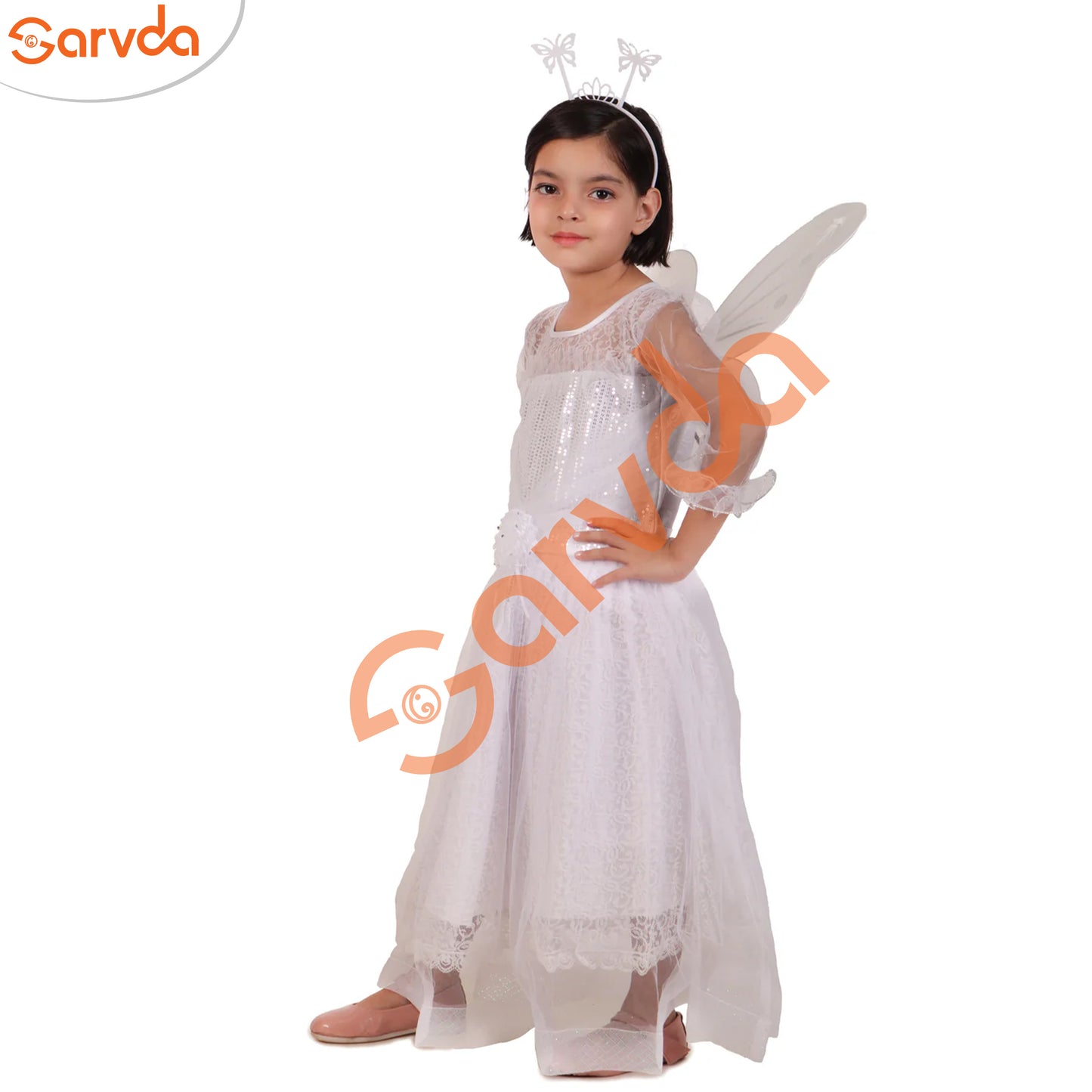 Fairy / Pari Frock dress with wings, hairband, fairy stick - White