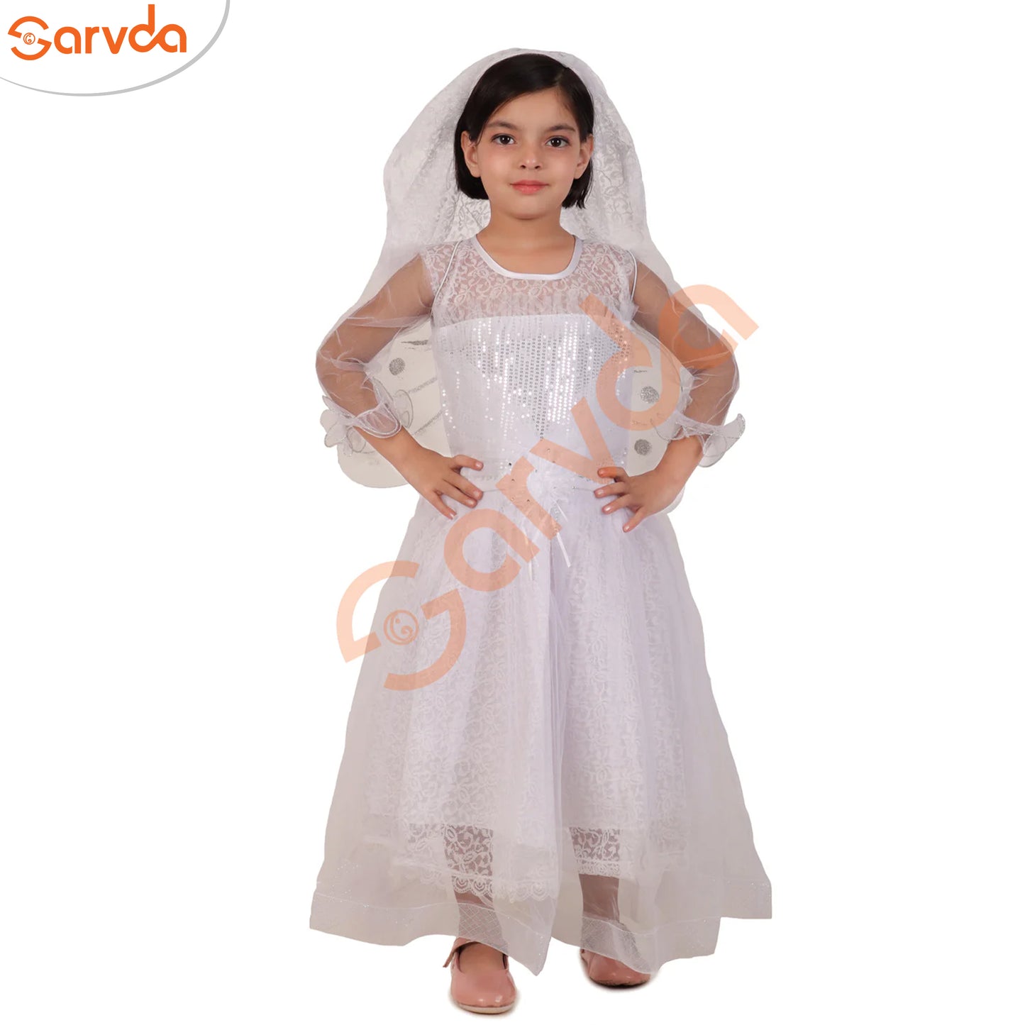 Fairy / Pari Frock dress with wings, hairband, fairy stick - White