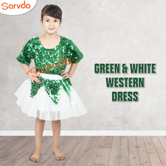 Green And White Western Dress For Girls