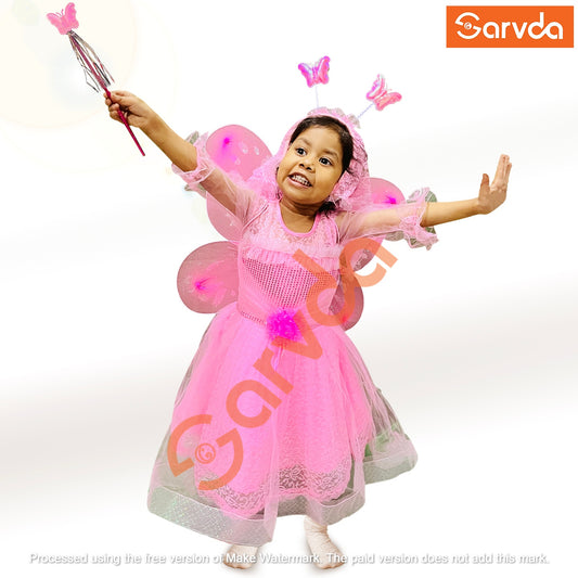 Fairy / Pari Frock dress with wings, hairband, fairy stick - Pink