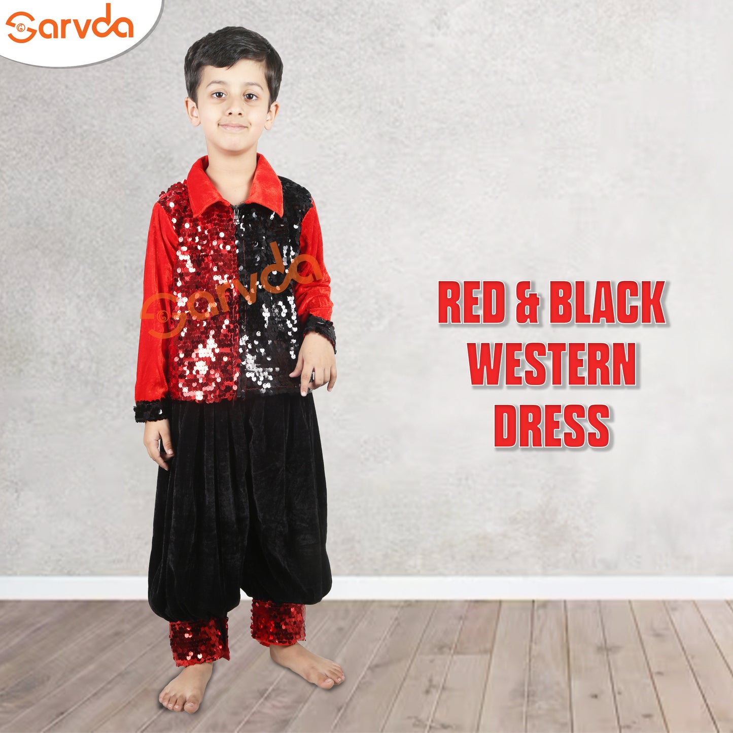 Red Sequence Shirt and  Black Herum  Set for Boys Western dress